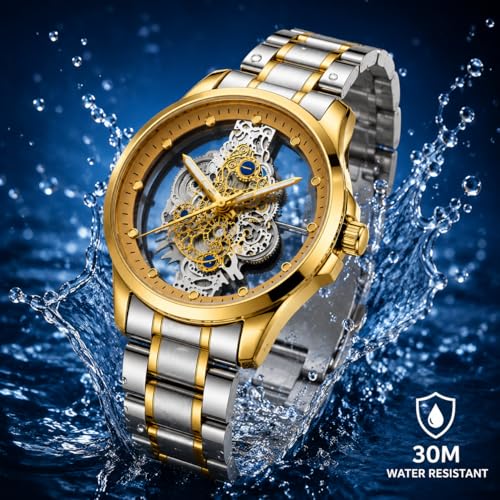 Image of Premium Skeleton Style Quartz Watch for Men - Luxury Two-Tone Gold & Stainless Steel Mechanical Look Analogue Wristwatch, Transparent Steampunk Dial, Fashion Dress Watch