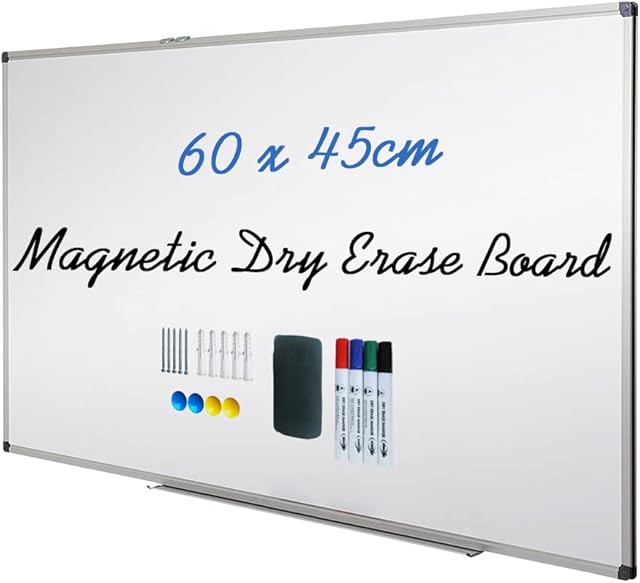 XIWODE Magnetic Dry Erase Board, Wall Mounted Whiteboard, 60 x 45cm, Lightweight White Board, Erase Board Silver Aluminium Framed with Lacquered Steel Surface