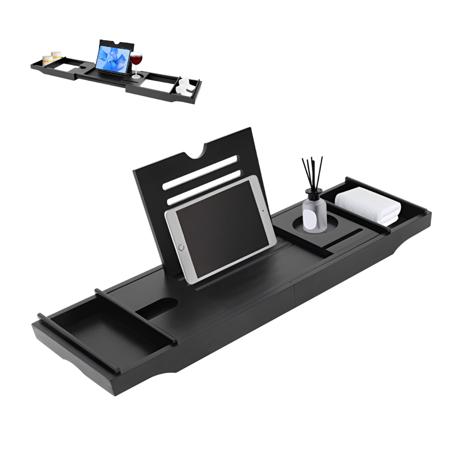 Estante extensible de bambú para bañera, ajustable, longitud ajustable de 75 a 111 cm, color negro