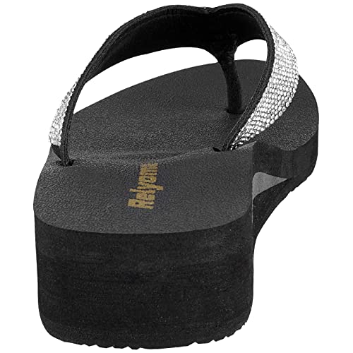 Image of Womens Rhinestones Flip Flops Arch Support Mid Platform Bling Comfortable Flip-flops Jewel Dressy Thong Sandals,T-Strap Black US 9