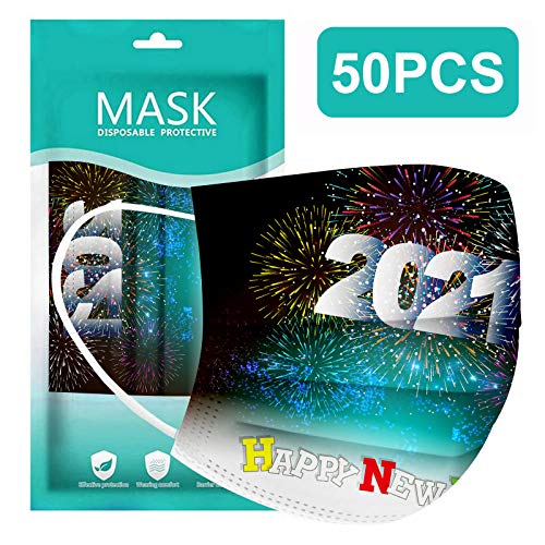 ZQP BEUU 50PCS 2021 Happy New Year Adults Disposable Face_Mack Print Face Covering Cloth Face Protection for Women and Men, Fashion Unisex Outdoor Breathable Industrial Ear Loop Face Fabric - Image 3