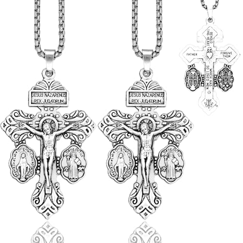 Pardon Cross Necklace with Stainless Steel Rosary Beads Christian Easter Gifts Cruz Del Perdon Catolica with St Benedict and Milagrosa Medal Rood Del Perdon Regalo Religioso Catlico De Para Hombres Y Mujeres