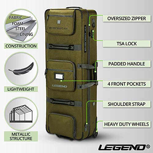Legend Everest Hybrid Roller Lockable Compound Bow Case - Metal Structure, Foam Padding, Tricot Lining, Fastening Straps, Cam Protector, Front Pockets, Removable Wheels - Airline-Endorsed Archery Case #TOP1