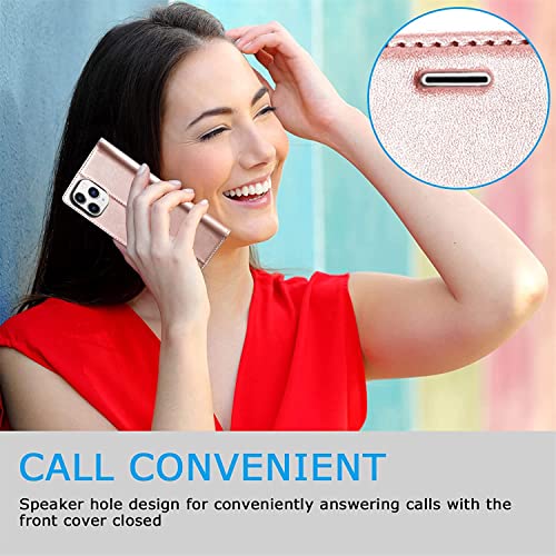 Étui rabat cuir iPhone 13 Mini rose avec béquille magnétique