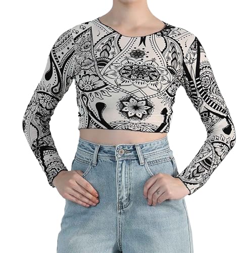 Image of ICW Women Long-Sleeves Round Neck Net Printed Transparent Mesh Sheer Crop Top T-Shirt DN38(Mix Print)