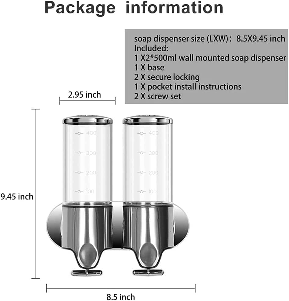 Miniatura 7 de prosfalt Dispensador de jabón manual montado en la pared de 2 cámaras para el hogar, baño, cocina, hoteles, restaurantes. Dispensador de ducha y