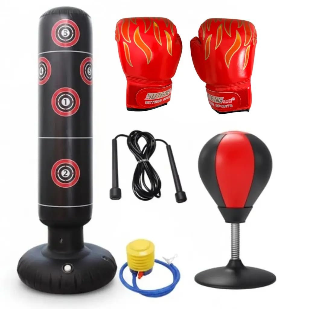 Free Standing Punching Bag - Heavy Inflatable Boxing Bag with Boxing Gloves & Air Pump, Stand Up Punch Bag for MMA, Muay Thai, Karate, Kickboxing, Home Gym Training