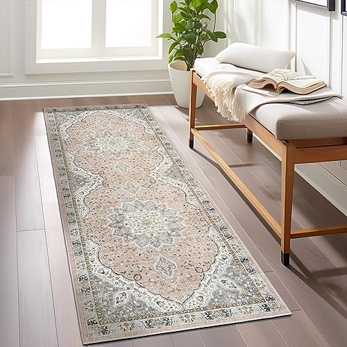 Madane Washable Runner Rug - 2x6 Rug Runners for Hallways 6 Feet Non Slip Vintage Kitchen Runner Rug Ultra-Thin Bathroom Runner Rugs Carpet Laundry Room Bedroom (2x6ft, Pink/Gray)