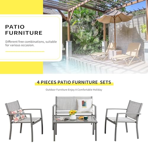 Shintenchi 4 Pieces Patio Furniture Set All Weather Textile Fabric Outdoor Conversation Set, with Glass Coffee Table, Loveseat, 2 Single Chairs for Home, Garden, Lawn, Porch（Silver）