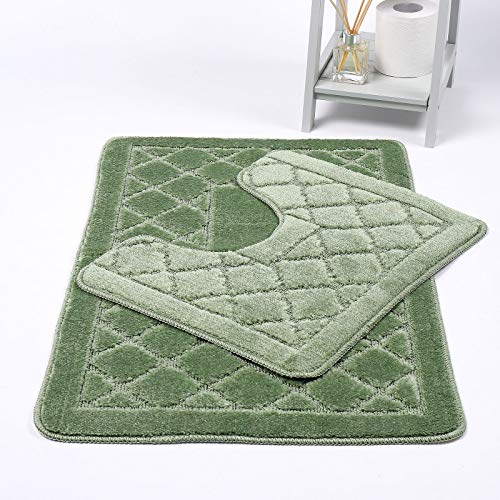 HOMES-LINEN Esma Diamonds 2 Piece Bath Mat & Pedestal Set Non Slip Extra Absorbent Bathroom Toilet Rug Bath Mats Set (Sage Green)