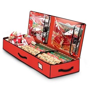Wrapping Paper Storage Bag Container 600D Heavy Duty Tear Proof for Holiday Christmas Gifts Decorations with Flexible Partitions Storage Container for Ribbon Accessories Red