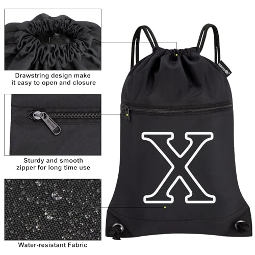 Image of HOLYLUCK Drawstring Bags Initial Backpack Sackpack Cinch Bags for Sports, Gym, Travel, Beach (Black-X)