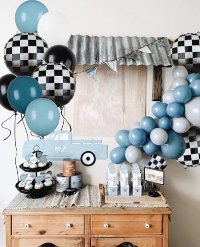 Image of Race Car Balloon Bundle Checkered Balloons Blue Black Latex Balloon Boy One Happy 1st 2nd Vintage Two Fast Theme Fast One Race Car Birthday Party Decor Supplies 20 Pcs Kit
