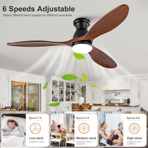 Image of Dimmable 52 Inch Flush Mount Ceiling Fans with Lights and Remote, 3 Blade Wood Bedroom Ceiling Fan with Lights Low Profile Ceiling Fan with Light Black Outdoor Ceiling Fans for Patios Living Room