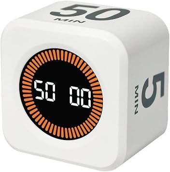 Pomodoro Timer 5/10/25/50 Minutes with Preset, Visual Cube Timer with Gravity Sensor, Silent Mode, Suitable for Study, Work, Kitchen, ADHD, Desk Use, Learning - White