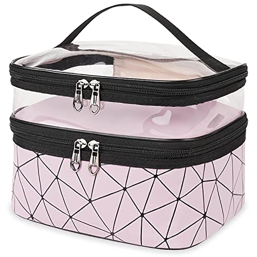 Viulvuk Luxury Double Layer Makeup Pouches for Women | Premium Cosmetic Bags for Girls | Toiletry Kit Pouch with Brush Holder | Travel Wash Bag and Inner Ware Storage Organizer – Pink Diamond