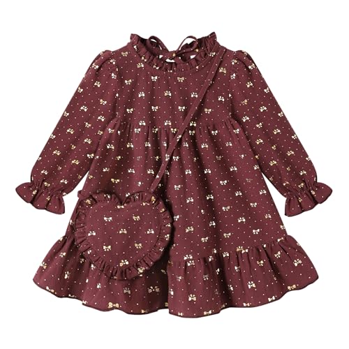 Happy Town Toddler Baby Girl Dress Ruffle Long Sleeve Floral Embroidered Dresses with Bag Fall Winter Outfit Clothes(18-24 Months,Wine Red)