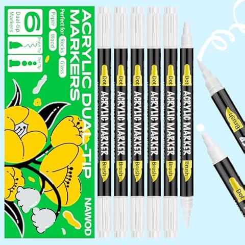 NAWOD 6 White and Black Paint Pen with Extra Fine Tip + 6 Dual Tip White Paint Pen with Brush Tip and Dot Tip Cover