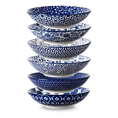 Selamica Porcelain 40oz Large Bowls 9 inch Big Pasta Salad Bowls, Microwave and Oven Safe, Vintage Blue, Set of 6 Cover