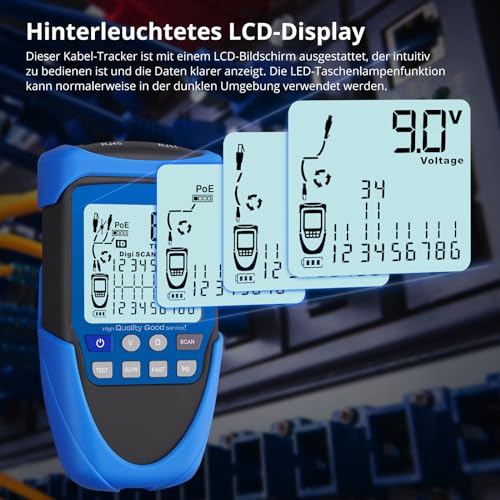 YGiTK Netzwerk Kabeltester POE/RJ45 Tester, Multifunktions Netzwerktester mit LCD, Kabel CAT5/CAT5e/CAT6/Cat7/Cat8 Tracker, Suchgerät zur Überprüfung des Kurzschluss, Quer & Unterbrechungszustandes