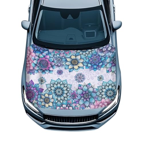 Image of Boho Mandala Flower Print Car Hood Cover, All-Season Car Bonnet Banner Universal Fit Truck Sedan Elastic Polyester Stretchable Automotive Hood Covers, Woman Man Gifts