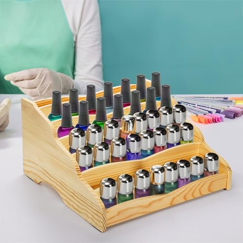 Image of Hedume Nail Polish Organizer Rack, 7 Tier Wooden Nail Polish Display Stand, No Assembly Required, Countertop Stand Display for Nails Polishs, Makeup, Essential Oil, Glasses