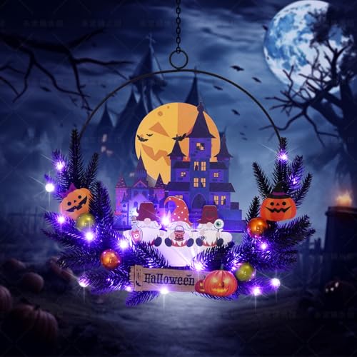 Pre-Lit Halloween Wreath for Front Door, Lighted Dwarf with 6H On/18H Off - image 1