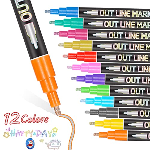 Outline Stifte Glossy Pen Set 12 Farbige Umrissstifte Outline Marker für alle Arten von Markern Grußkartenherstellung Kunsthandwerk und Tassen Usw Geschenk für Kinder Cover