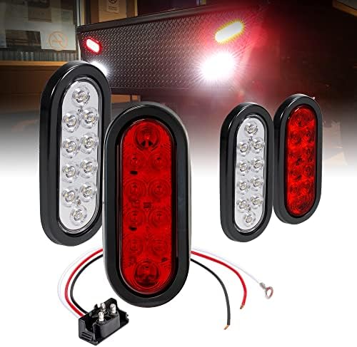 2 Red + 2 White 6" Oval LED Trailer Tail Light Kit [DOT FMVSS 108] [Grommets & Plugs Included] [IP67 Waterproof] [Stop Brake Turn Reverse] Back Up Trailer Lights for Marine Boat Trailer RV Truck