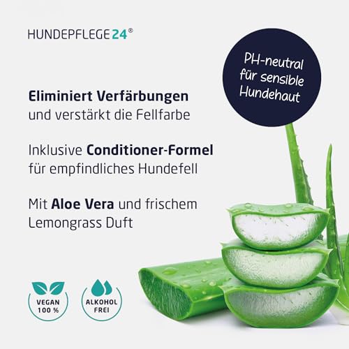Hundepflege24 Hundeshampoo weißes Fell - Aufhellend & Pflegend - Anti-Gelbstich Formel für kräftiges, gepflegtes, strahlendes Fell - Mit pflegendem Conditioner für leichte Kämmbarkeit - 500ml