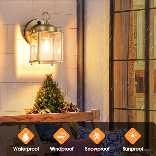 Image of MATAMEYE Dusk to Dawn Sensor Outdoor Wall Sconce, Exterior Waterproof Porch Wall Mount Lanterns, Gold Front Door Lights with Beveled Glass, 2 Pack