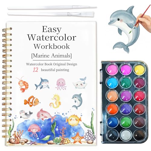 Easy Watercolor Workbook for Beginners - 12 Beautiful Step-by-Step Paintings Water Coloring Book Includes 18 Colors Paints Relaxing Art Projects and Creative Gift for Adults & Teen (Marine Animals)
