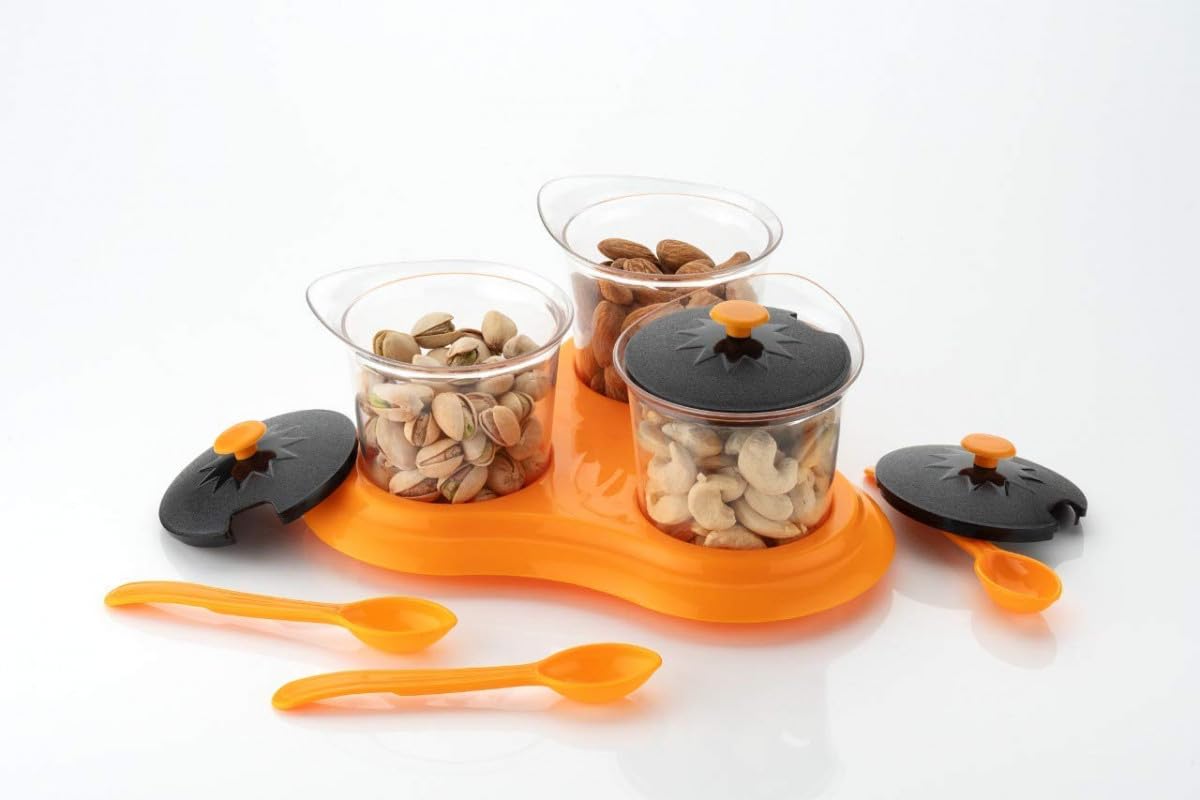Qureza 3 Pc Dining Spice Rack- 3 in 1 Multipurpose Dining Achaar, Spices Container with Tray Holder and Spoon, Serving Dinner Condiment Set 1