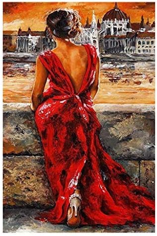 Full Drill Diamond Painting Kits,DIY Diamond Painting Kits for Adults,Beautiful Woman in Red Dress Rhinestone Embroidery Cross Stitch Kits Supply Arts Craft Canvas Wall Decor Stickers Home30X50CM