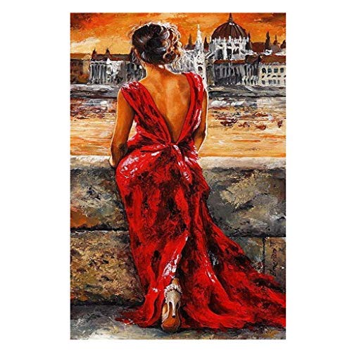 Pintura de diamantes de imitaci�n para adultos con mujer en vestido rojo con diamantes de imitaci�n, kit de punto de cruz, suministros de arte y manualidades, lienzo para decoraci�n hogar 30 x 50 cm