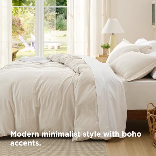 Image of Bedsure Textured Duvet Cover Queen Size - Cotton-Like Polyester Jacquard Duvet Cover Set for All Seasons - 3 Pieces Elevated Textured Dobby Soft Bedding Set, NO Comforter (Beige, Queen, 90 inchx 90 inch)