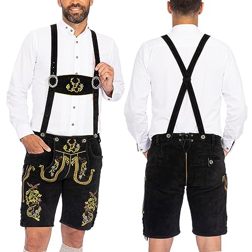 BAVARIA TRACHTEN Lederhosen Men - Authentic Bavarian Oktoberfest Costume (Outfits) Made of 100% Real Genuine Leather - Traditional German Mens Lederhosen for Octoberfest - Black Royal - Short - US 40