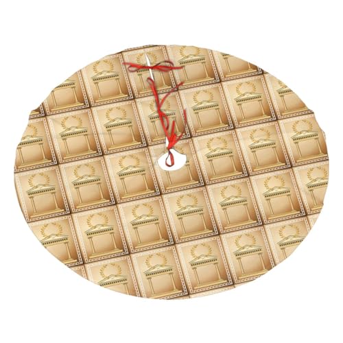 Edificio antiguo con rama de olivo romano y estampado griego, falda de árbol de Navidad, tapete de Navidad, textura de felpa suave para el hogar, fiesta, vacaciones, adornos festivos