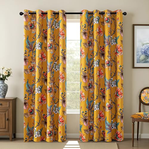 Image of MYSKY HOME Yellow Floral 95% Blackout Curtains 90 Inch Long Bedroom Black Out Thermal Insulated Noise Reducing Drapes Flower Printed Cottagecore Style Grommet Window Treatment Living Room, Pack-2