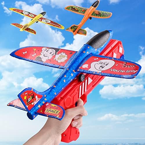 3 Pack Airplane Launcher Toys,Foam Throwing Glider Plane with Catapult GunFoam Glider Catapult Plane Toy for Kids, Outdoor Flying Toys Birthday Gifts for 4 5 6 7 8 9 10 11 12 Year Old Boys Girls(Red)