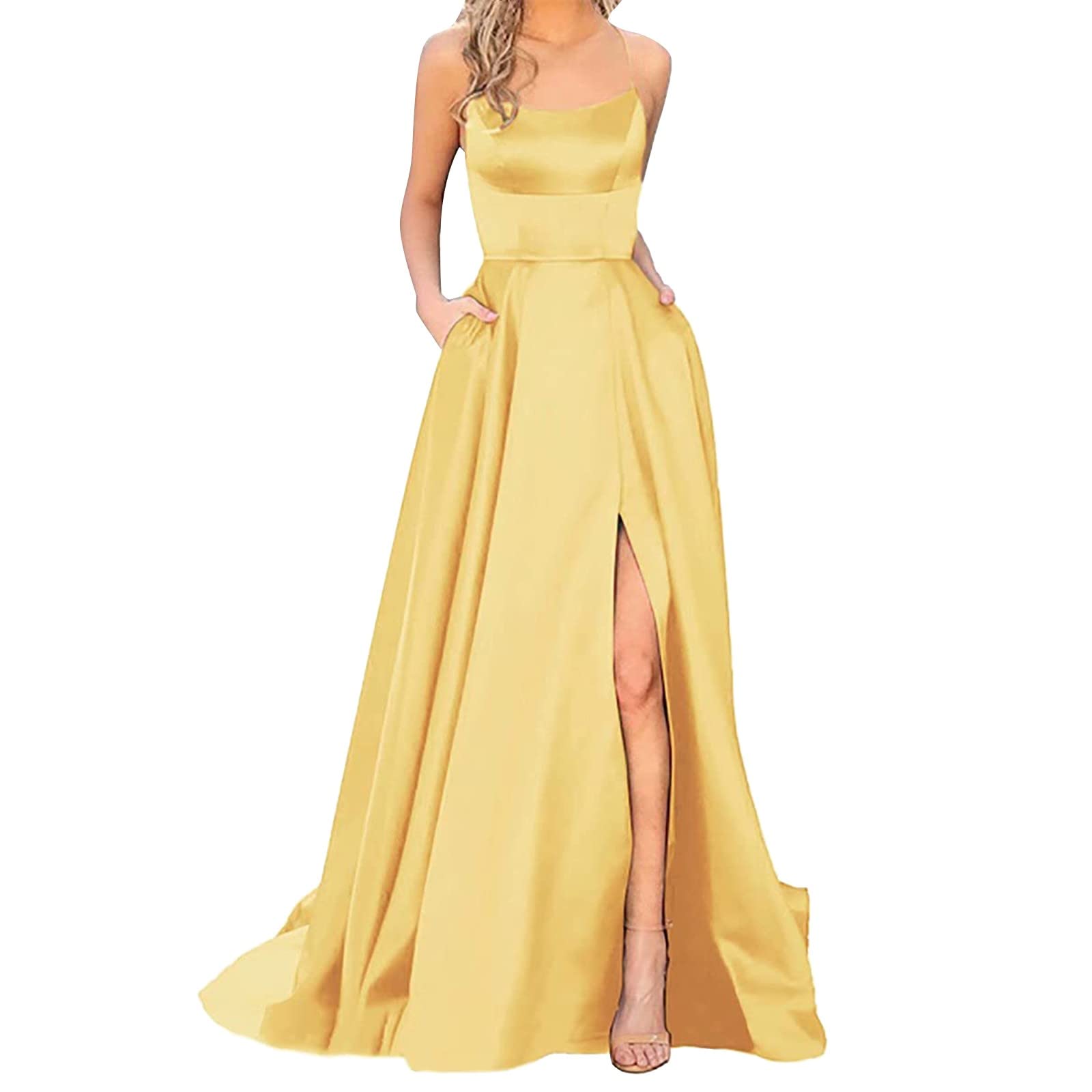 Women's Solid Color Evening Dress Sexy Back Hollowed Out Chiffon Front Piece Slit Dress Midi Length Dresses for