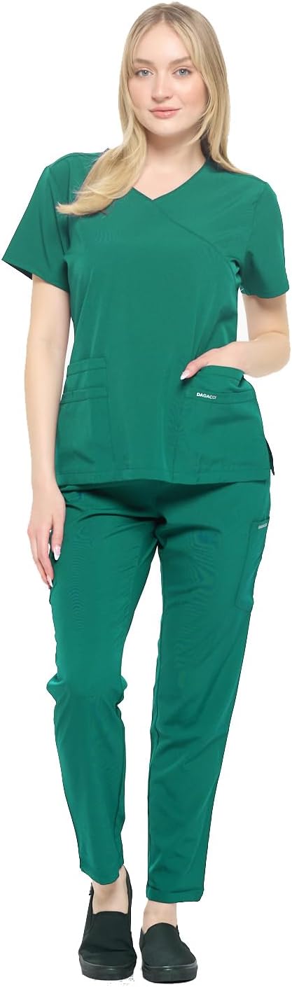 Dagacci Medical Uniform Women's 4-Way Stretch Fitted Y Neck Natural Scrub Set