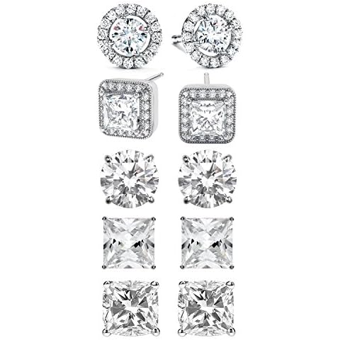 BSD Treasure Cubic Zirconia Stud Earrings 5 Pair Set - Women's Hypoallergenic Earrings - Classic Cubic Zirconia Earring in 5 Styles - Beautiful Jewelry Assortment - Silver Cover