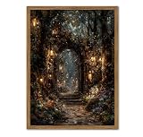 Vintage Mystical Woodland Wall Art Enchanted Fairy Portal Forest Wall Decor Painting, Cottagecore Garden Archway Poster Canvas Print Picture for Living Room Bedroom 12x16 inch Wood Framed