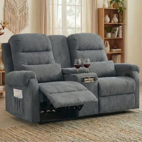 Image of RV Loveseat Recliner with Console, Reclining Loveseat Sofa, Manual Home Theater Seating with Pockets /Cup Holders for Living Room /RV Furniture (Stone Chenille)