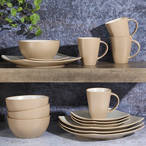 Gibson Soho Lounge Square Reactive Glaze Stoneware Dinnerware Set, Service For 4 (16Pc), Tan #TOP4