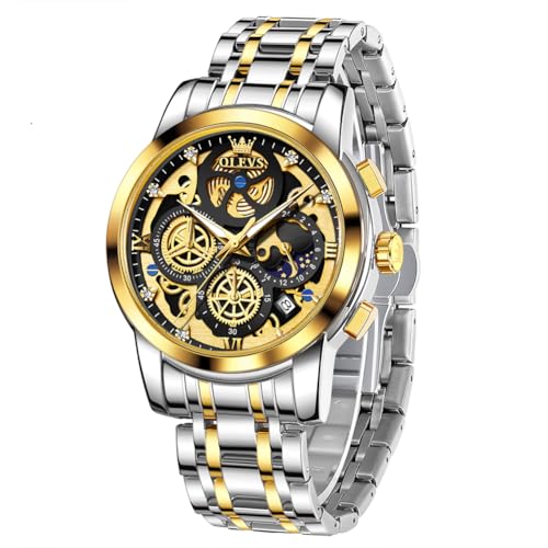 Image of OLEVS Watches for Men Luxury Dress Skeleton Quartz Chronograph Date Display Man’s Watch Analog Stainless Steel Waterproof Luminous Wristwatch