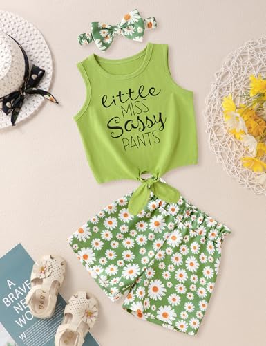 Image of Hipea Toddler Girl Outfits Floral Tops Sleeveless Tank Tops Shorts Headband Summer Clothes Set