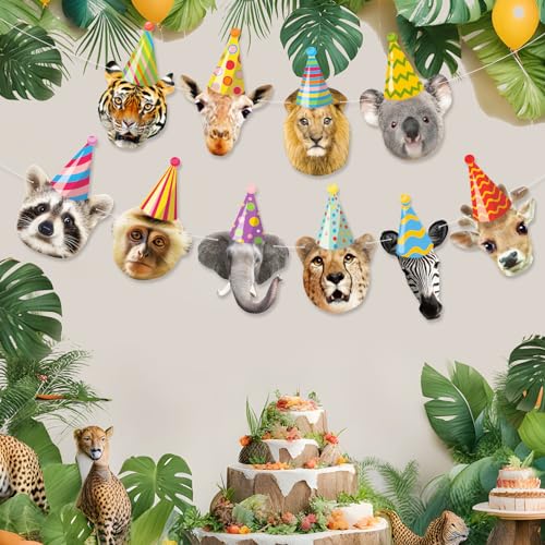 Image of Hooqict Safari Animals Happy Birthday Banner Animal Birthday Party Decorations Party Animal Banner Garland for Jungle Birthday Decorations Kids Wild Zoo Party Supplies
