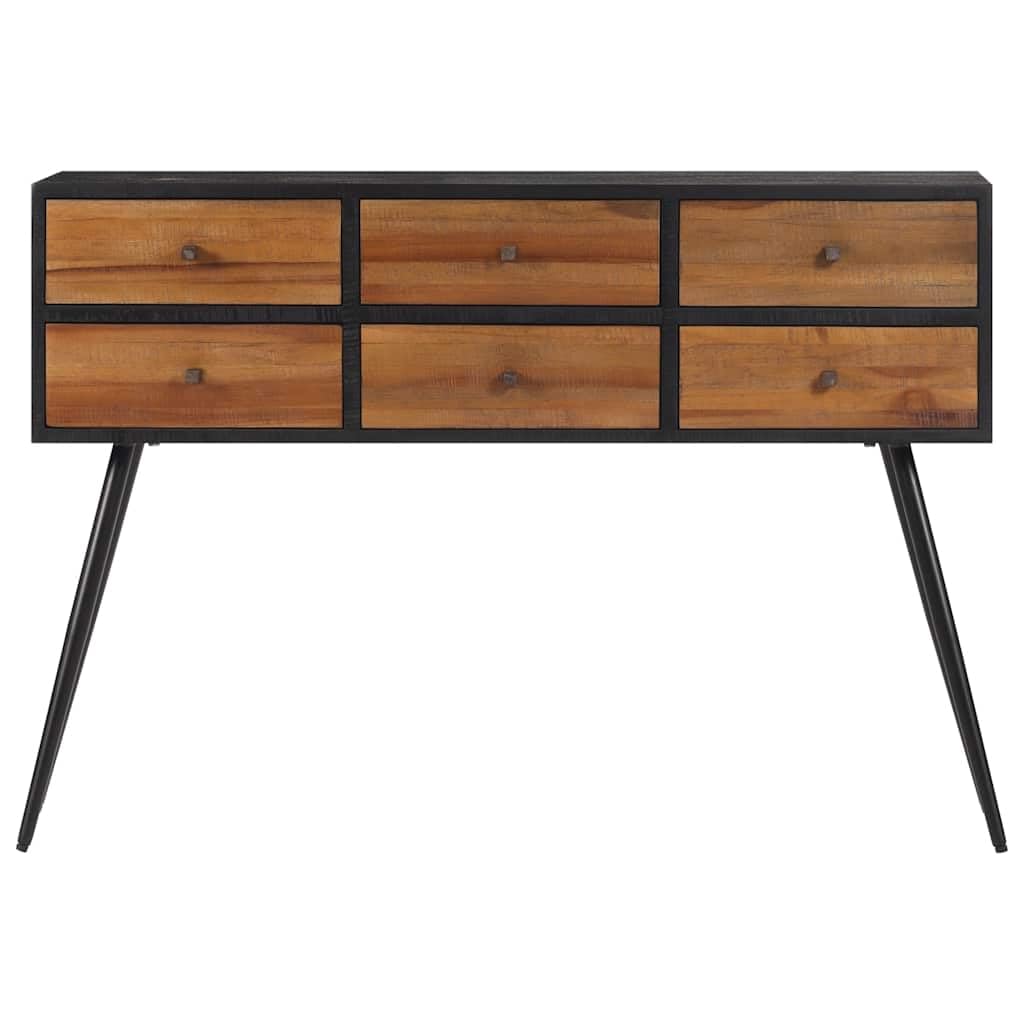 Tavolo consolle con cassetti in legno massiccio di teak riciclato e struttura in ferro nero, 116 x 30 x 76 cm, versatile tavolino da corridoio e soggiorno, con spazio per decorazione e